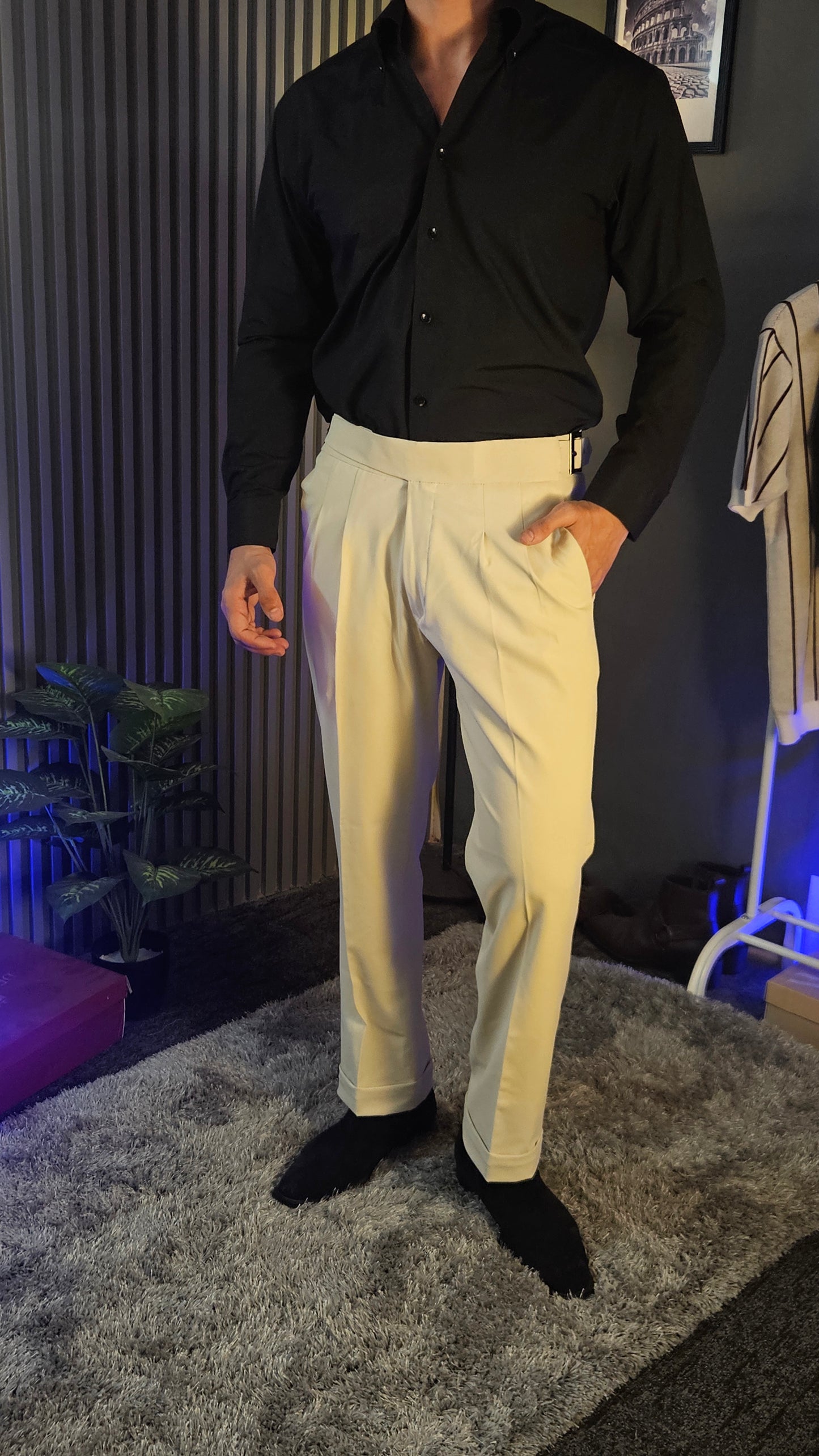 Beige Classic Buckle Gurkha Pants × Black Button-Down Shirt
