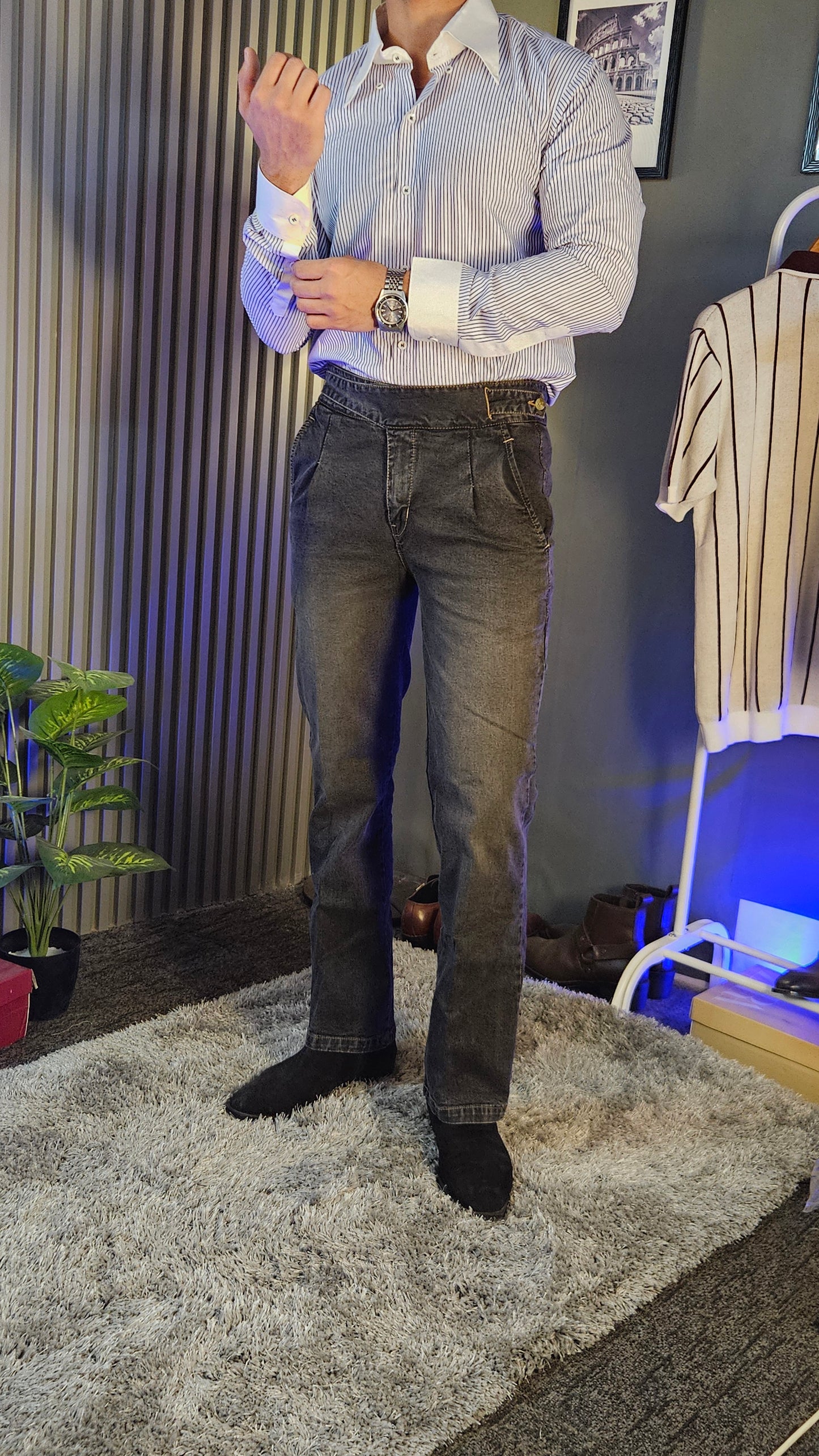 Anthracite Denim Classic Button Gurkha Pant × Navy Contrast Stripes Shirt