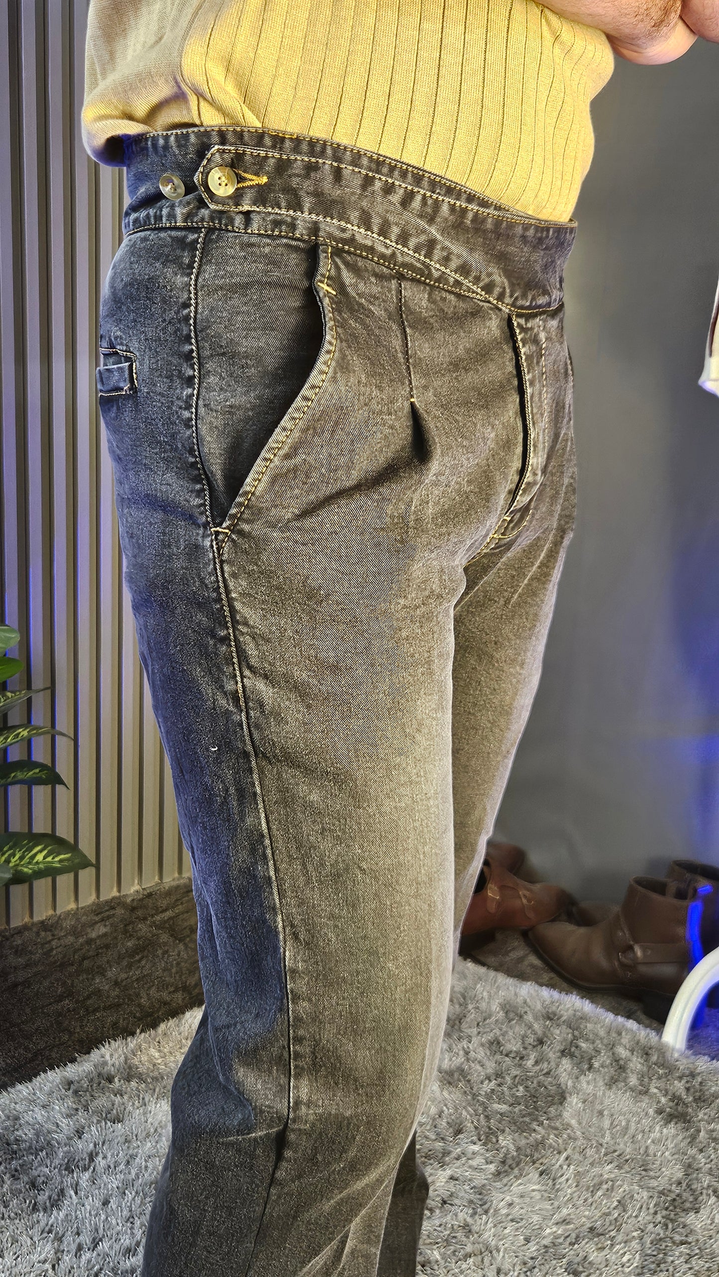 Anthracite Denim Classic Button Gurkha Pant × Beige Wide Stripes Half Sleeves Knit Polo