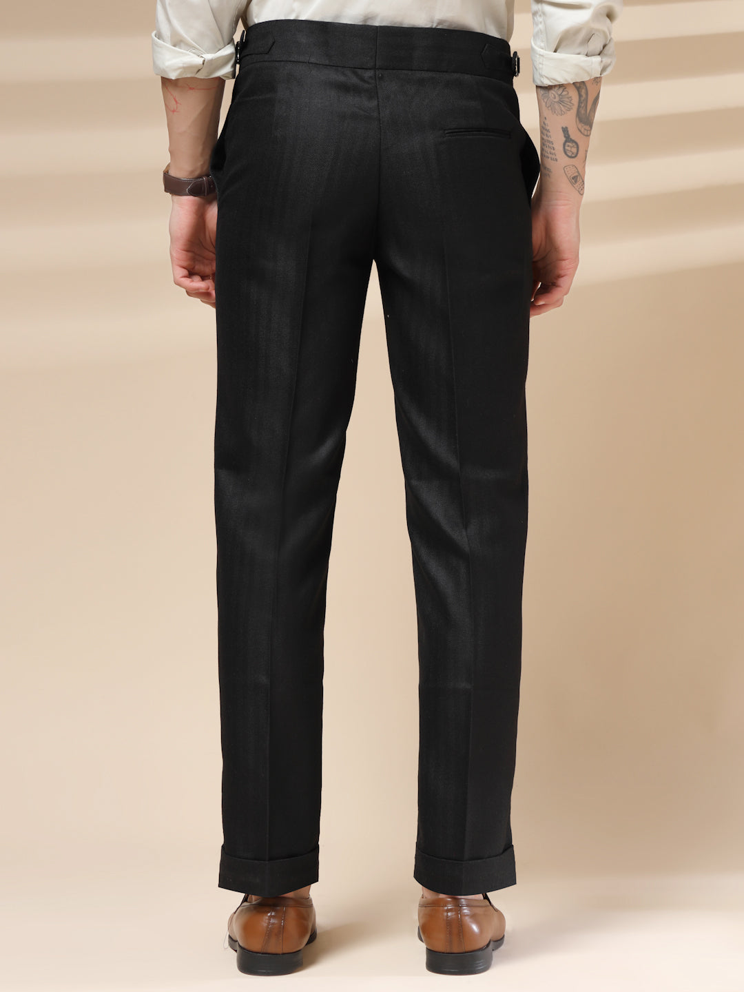 Black Signature Buttoned Herringbone Gurkha Pants | Boot Cut Fit by Italian Vega® (Winter Warm)