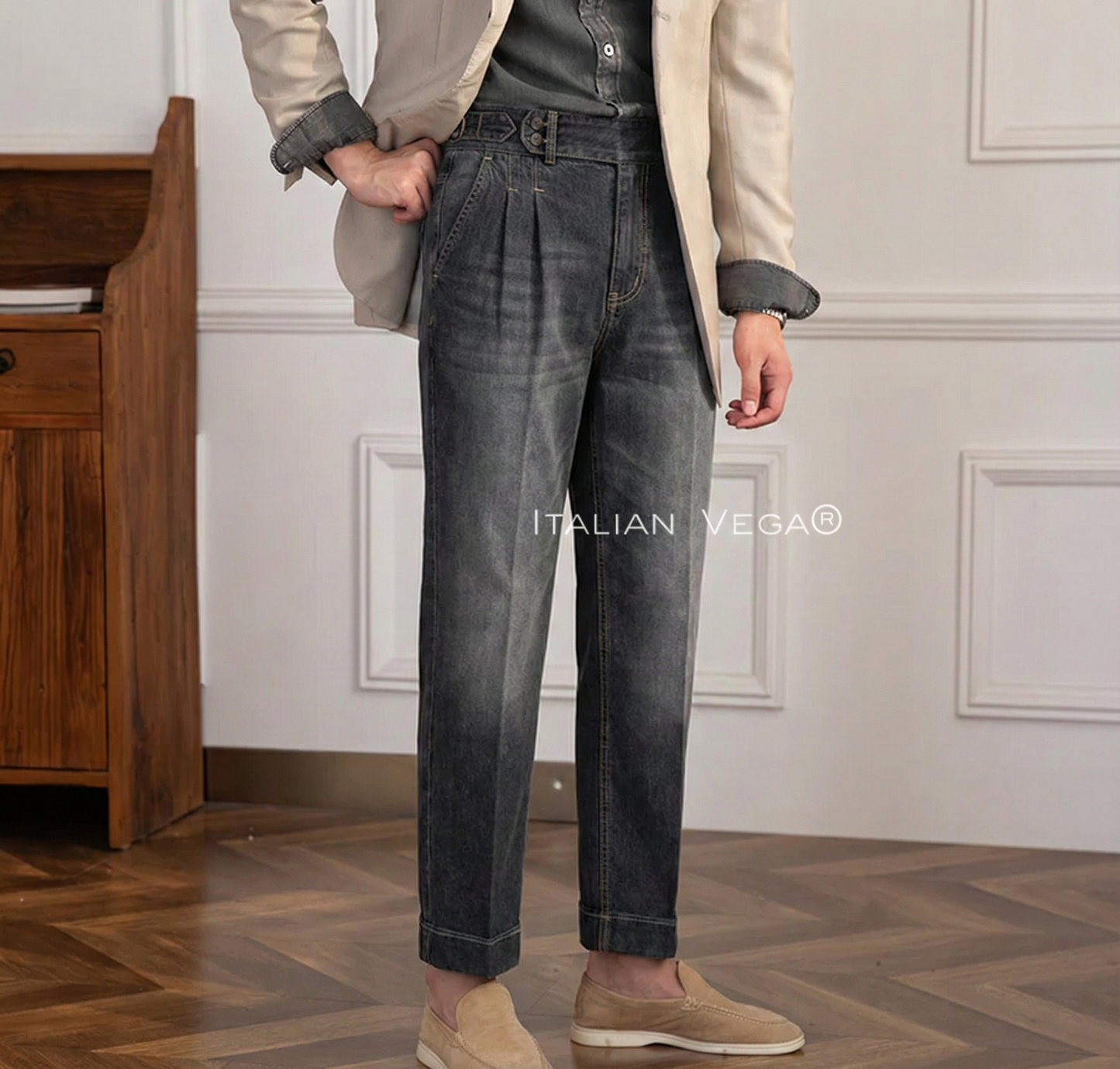 Anthracite Denim Signature Buttoned Gurkha Trouser Pants for Men by Italian Vega® (Limited Edition)
