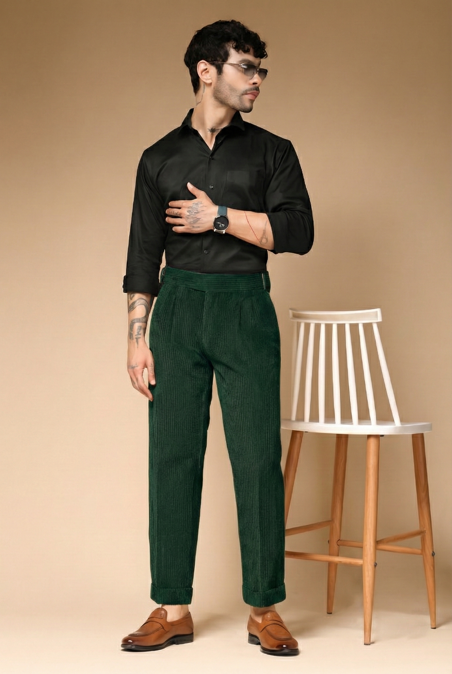Bottle Green Corduroy Classic Buckle Gurkha Pants | Boot Cut Fit by ITALIAN VEGA®