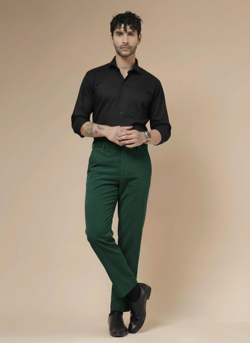 Bottle Green Corduroy Men Pleated Formal Pants | Boot Cut Fit by ITALIAN VEGA®
