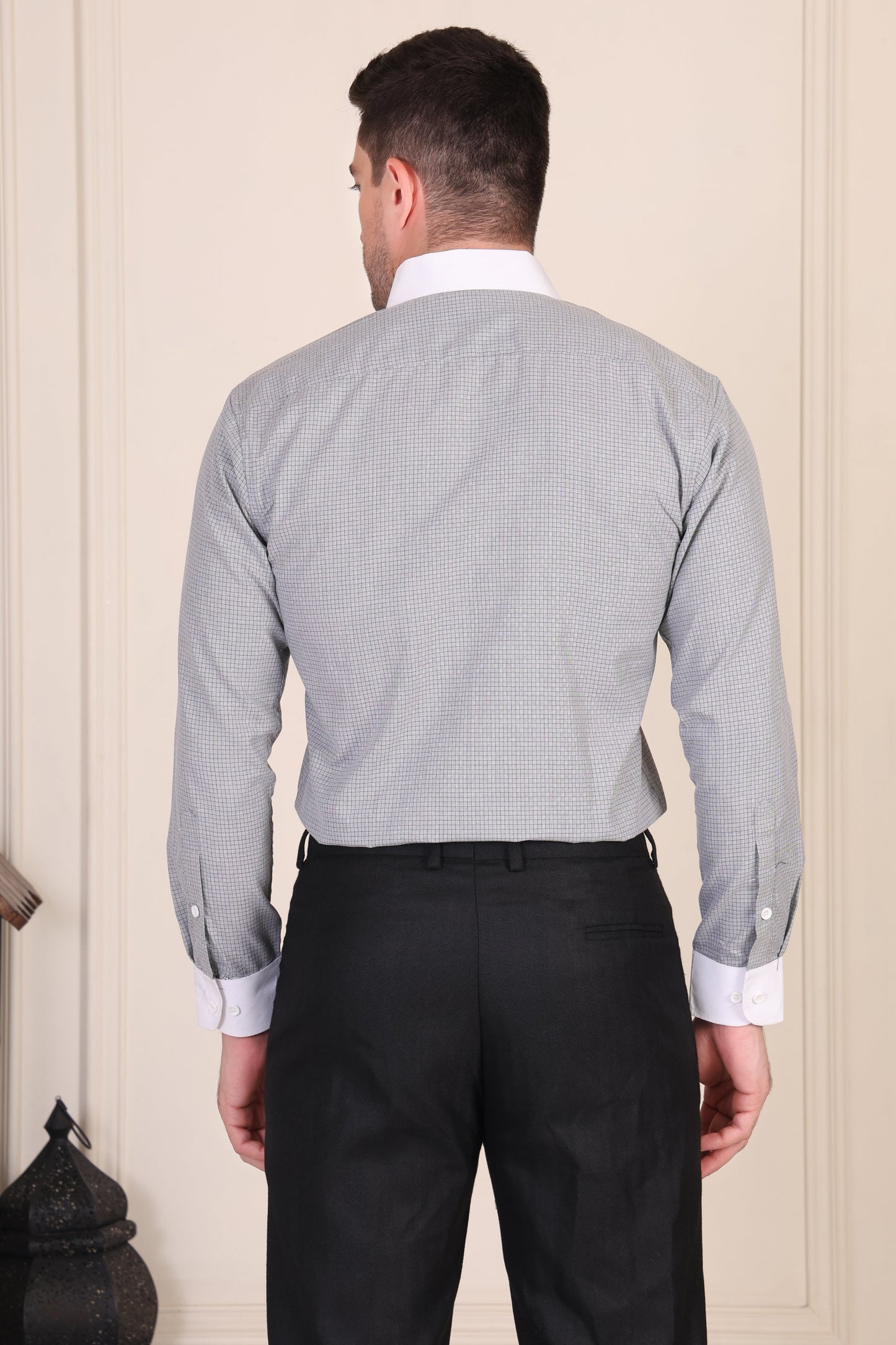 Old Money Light Grey Contrast Glen Check One Piece Collar Shirt by Italian Vega®