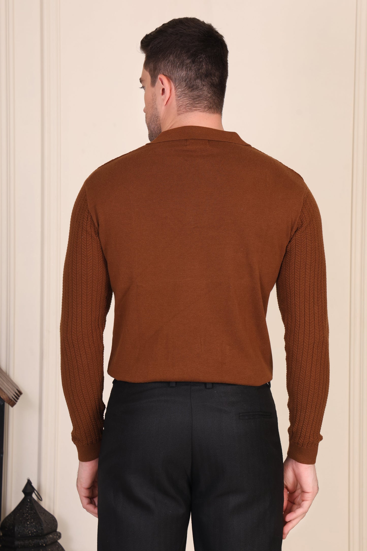 Herringbone Brown Full Sleeves Knit Polo by ITALIAN VEGA®