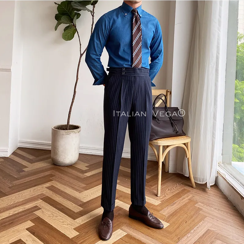 Navy Striped Buttoned  Gurkha Pants by Italian Vega® (Special Edition)