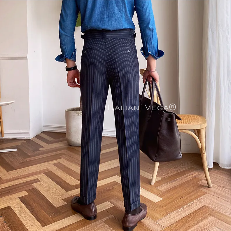 Navy Striped Buttoned  Gurkha Pants by Italian Vega® (Special Edition)
