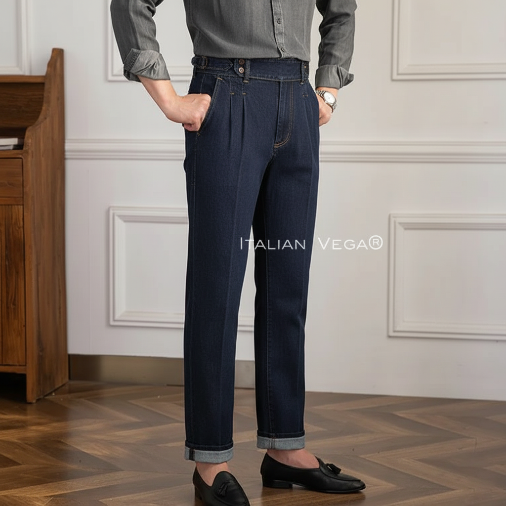 Space Blue Signature Buttoned Denim Gurkha Trouser Pants for Men by Italian Vega® (Limited Edition)