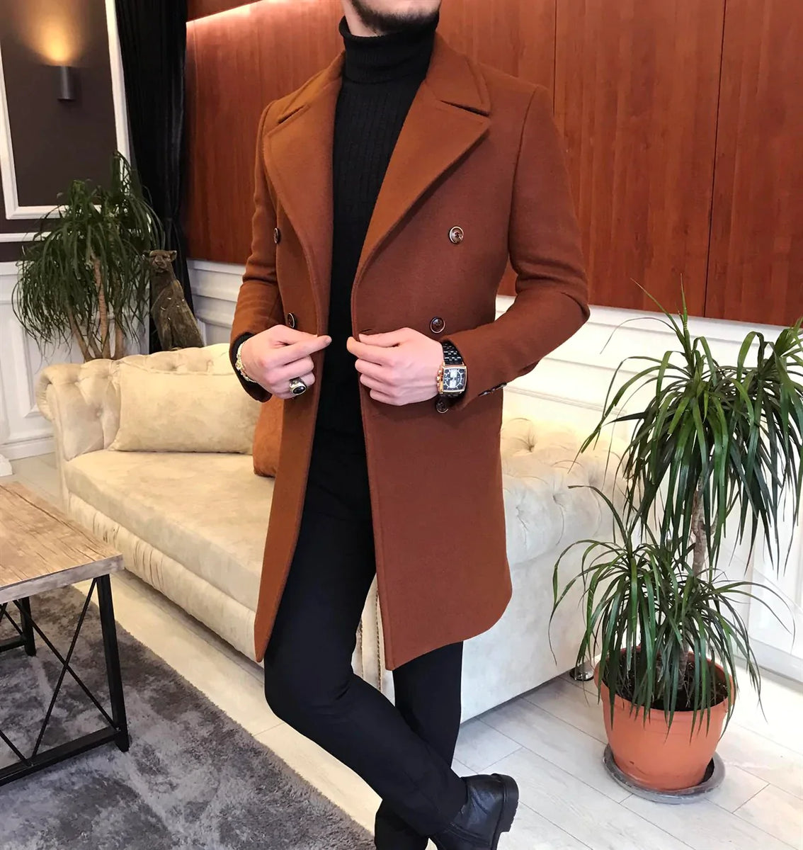 Mens long top coat wool