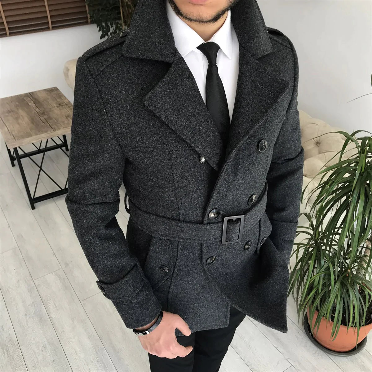Arctic Charcoal Winter Woolen Double Breasted Men s Over Coat by ITALIAN VEGA Italian Vega