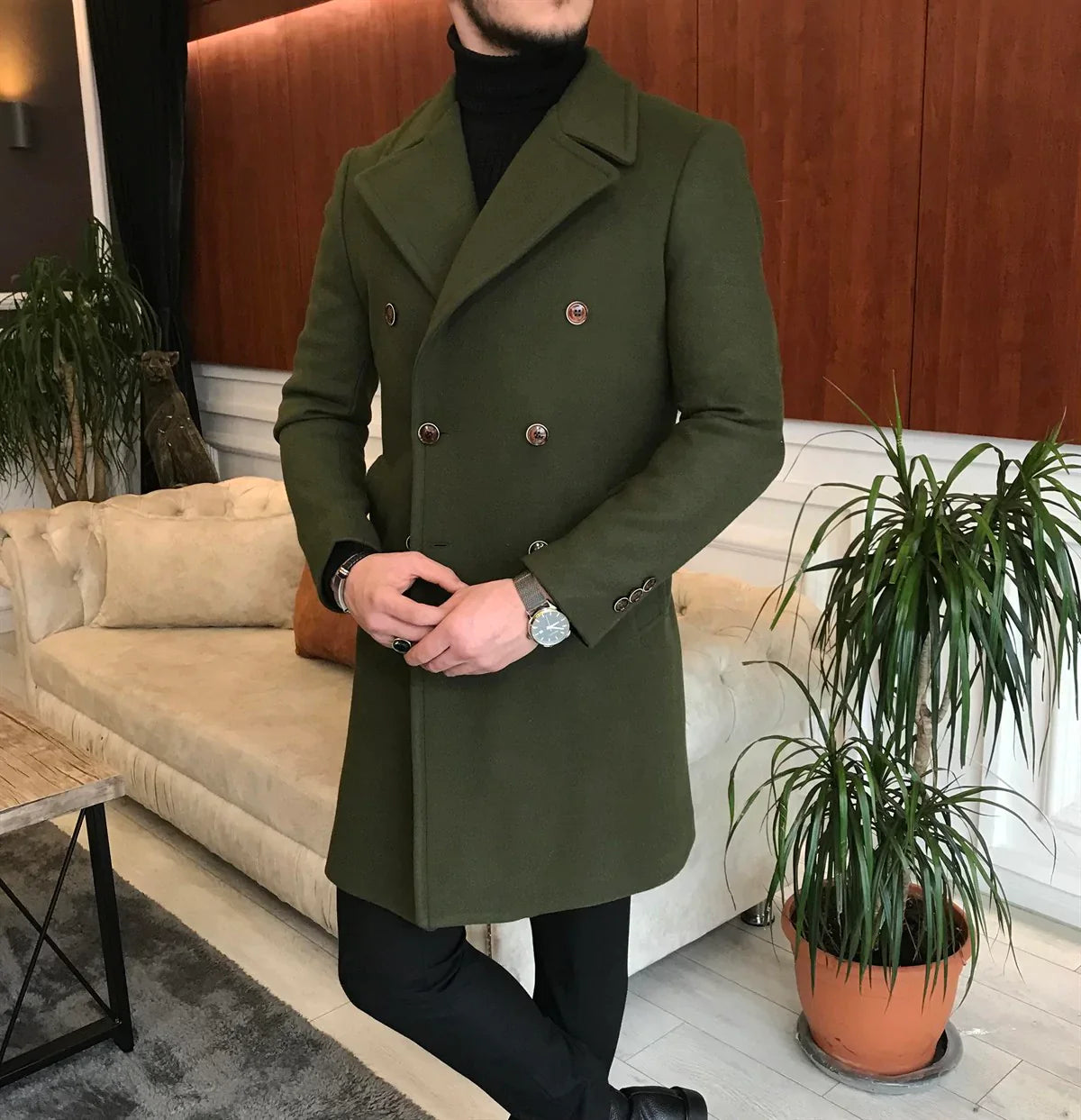 Slim Fit Wool Mens Trench Coat Frost Slim Fit Green Double