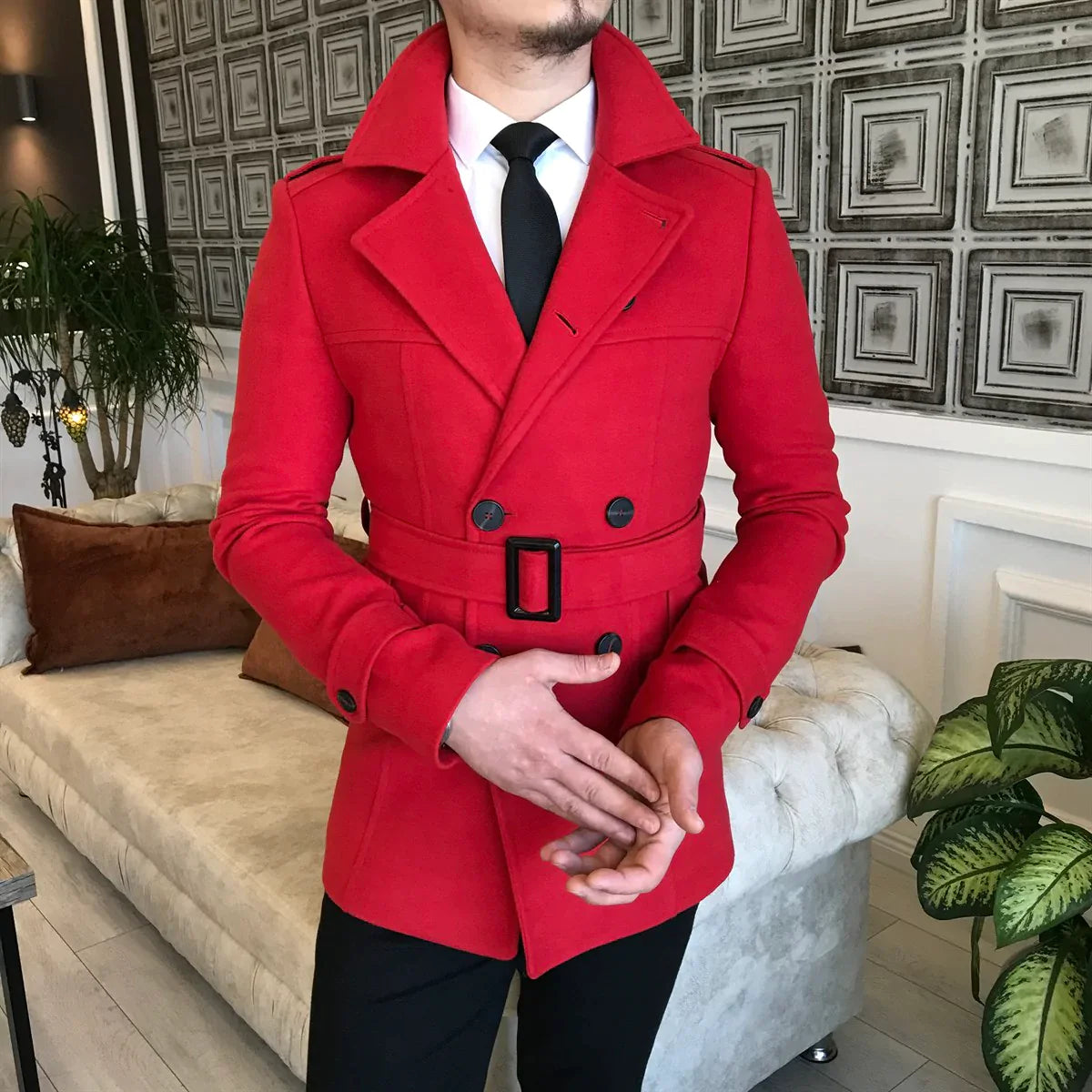 Arctic Red Winter Woolen Double Breasted Men s Long Coat by