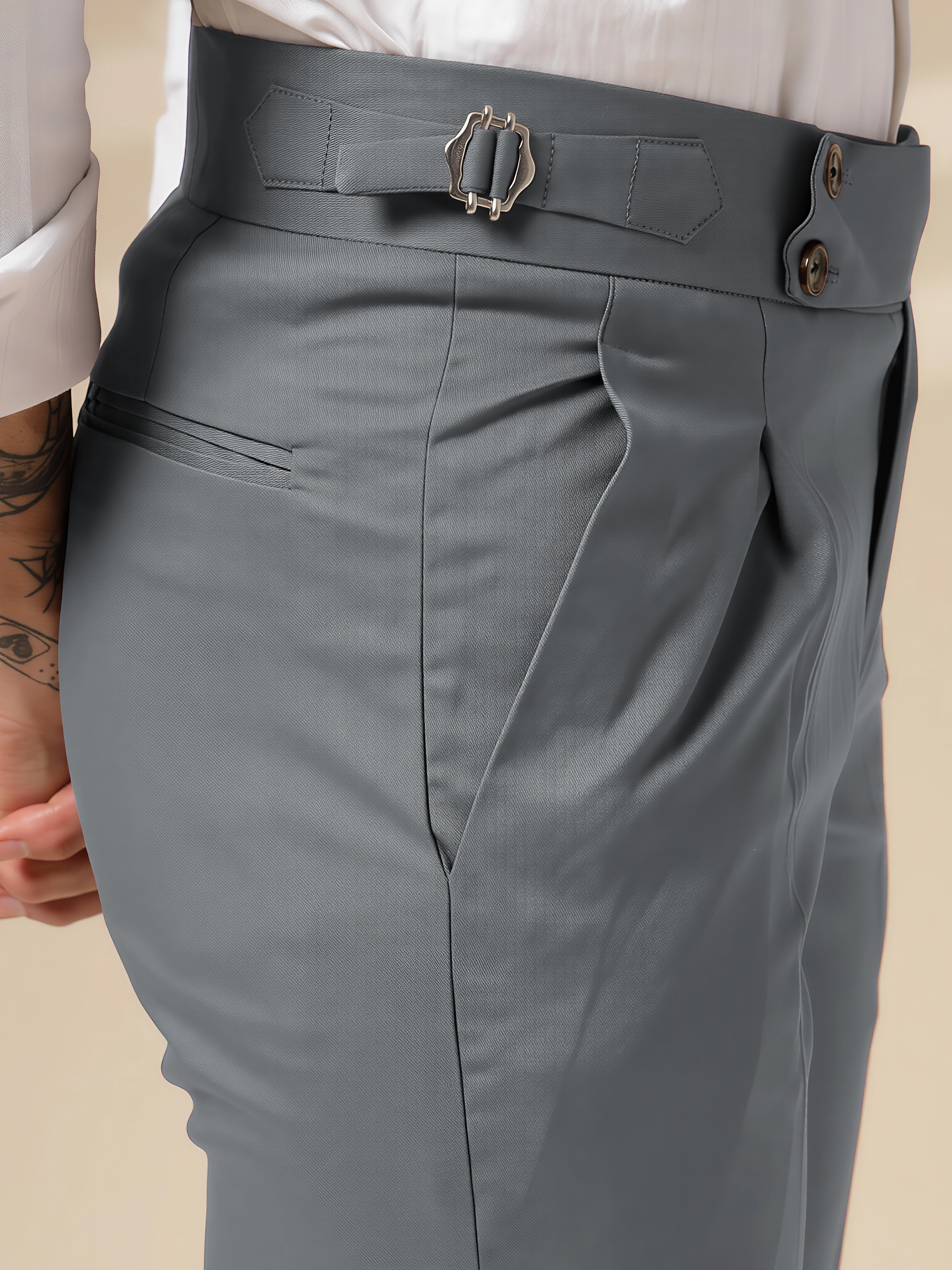 Stone Grey Signature Buttoned Formal Gurkha Pants by ITALIAN VEGA®