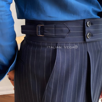Navy Striped Signature Buttoned Gurkha Pants by Italian Vega® (Special Edition)