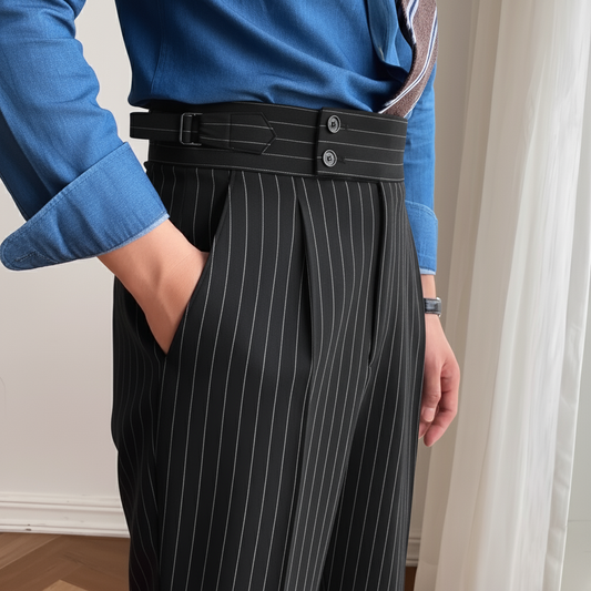 Deep Black Striped Signature Buttoned Gurkha Pants by Italian Vega® (Special Edition)