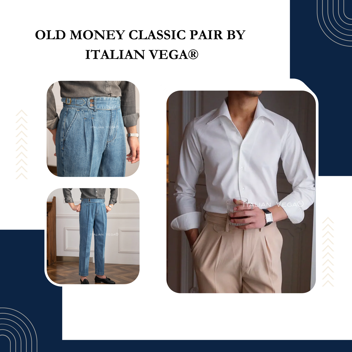 Old Money White Shirt with Sky Blue Denim Signature Buttoned Gurkha Pant by ITALIAN VEGA®