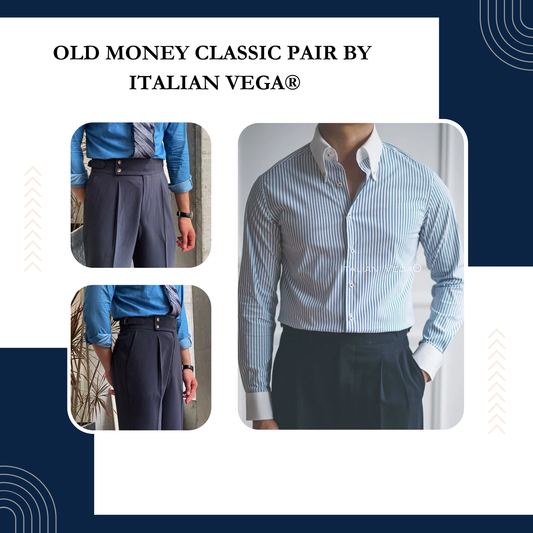 Old Money Classic Stripe Shirt with Elephant Grey Signature Buttoned Gurkha Pant by ITALIAN VEGA®