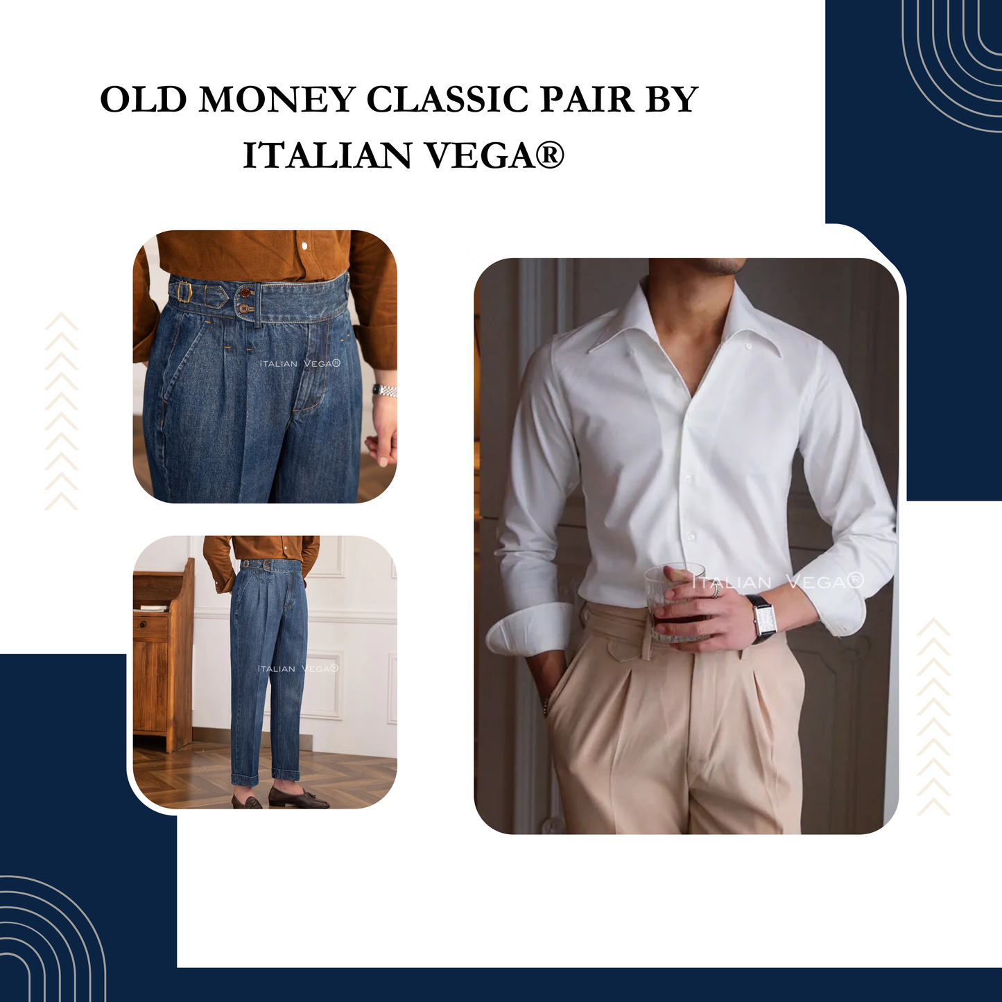 Old Money White Shirt with Dark Blue Denim Signature Buttoned Gurkha Pant by ITALIAN VEGA®