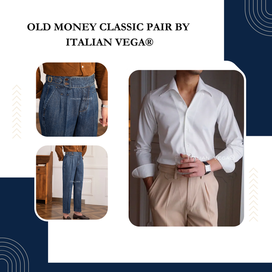 Old Money White Shirt with Dark Blue Denim Signature Buttoned Gurkha Pant by ITALIAN VEGA®