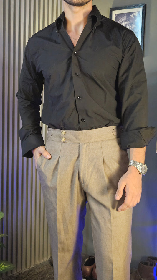 Brown Flannel Signature Buttoned Gurkha Pant × Black Button-Down Shirt