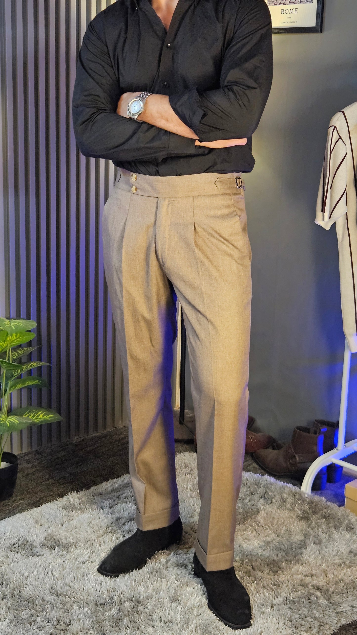 Brown Flannel Signature Buttoned Gurkha Pant × Black Button-Down Shirt