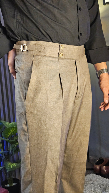 Brown Flannel Signature Buttoned Gurkha Pant × Black Button-Down Shirt