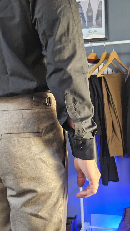 Brown Flannel Signature Buttoned Gurkha Pant × Black Button-Down Shirt
