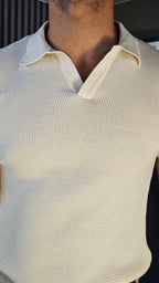 Lime Classic Button Gurkha Pant × White Flat Knit Half Sleeves Knit Polo