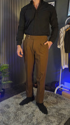 Brown Signature Button Gurkha Pants × Black Button-Down Shirt