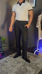 Navy Stripe Signature Button Gurkha Pant × White Diamond Cable Half Sleeves Knit Polo