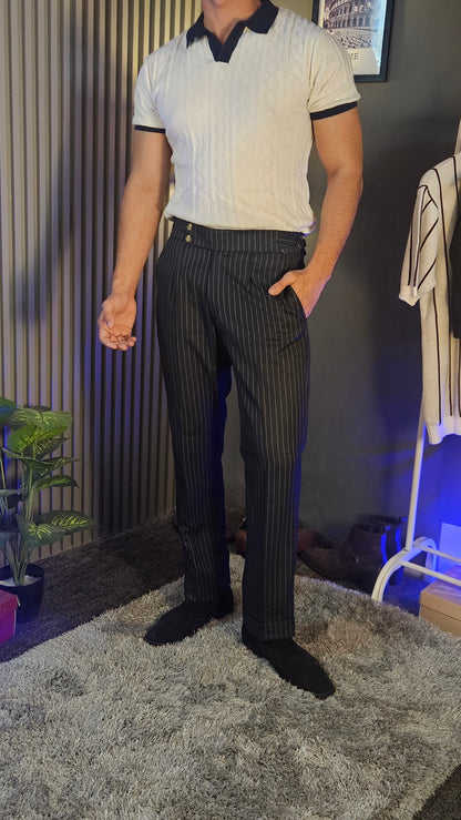 Navy Stripe Signature Button Gurkha Pant × White Diamond Cable Half Sleeves Knit Polo