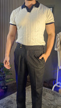 Navy Stripe Signature Button Gurkha Pant × White Diamond Cable Half Sleeves Knit Polo