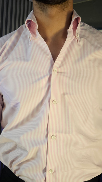 Grey Herringbone Gurkha Pant × Crepe Stripe One Piece Collar Shirt