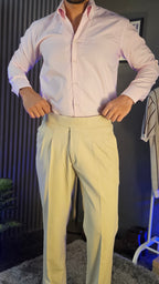 Beige Classic Buckle Gurkha Pant × Crepe Stripe One Piece Collar Shirt