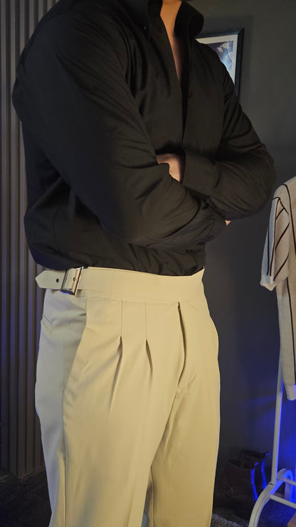 Beige Classic Buckle Gurkha Pants × Black Button-Down Shirt