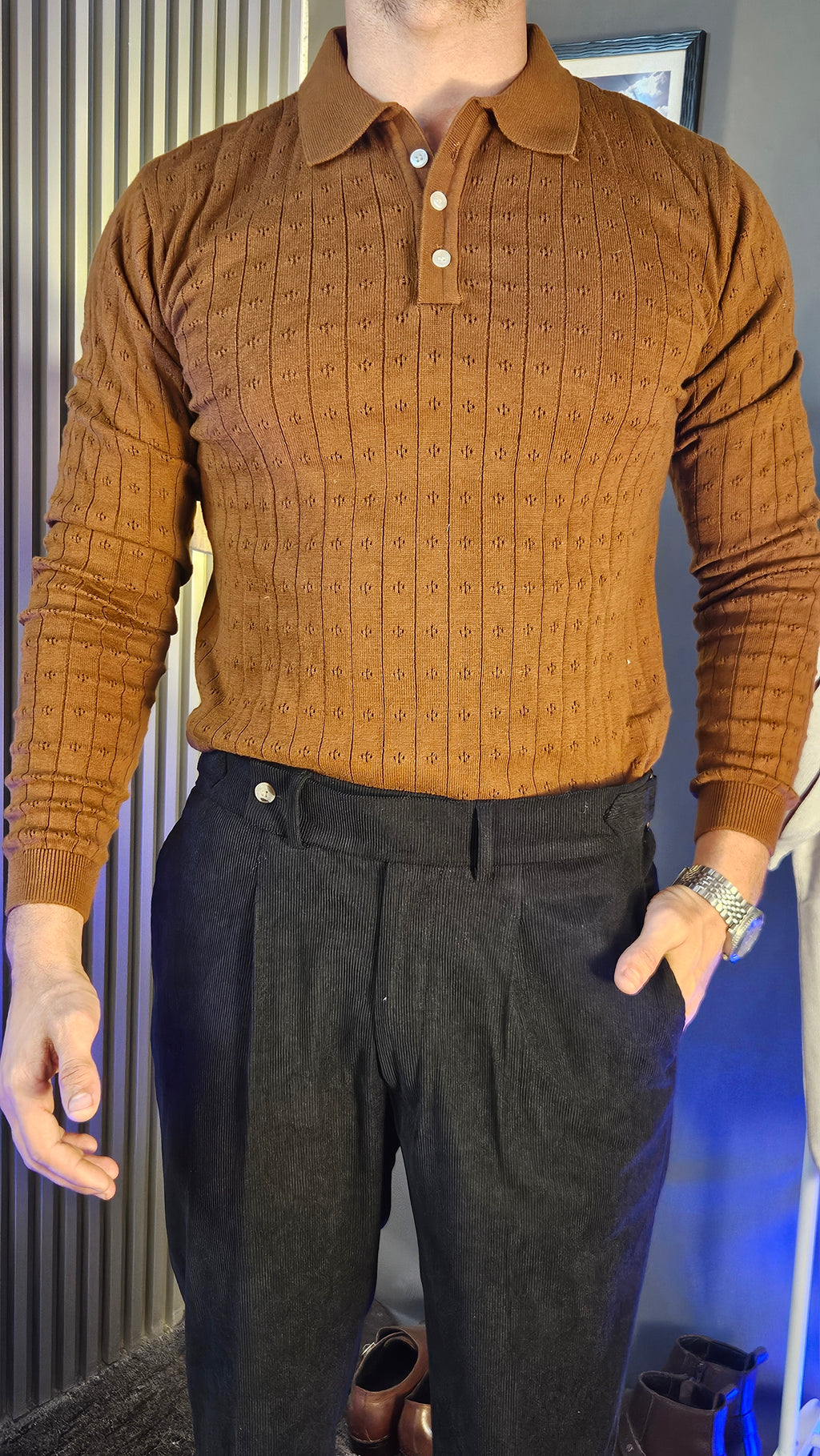 Brown Wide Stripes Full Sleeves Knit Polo × Black Corduroy Oxford Gurkha Pant