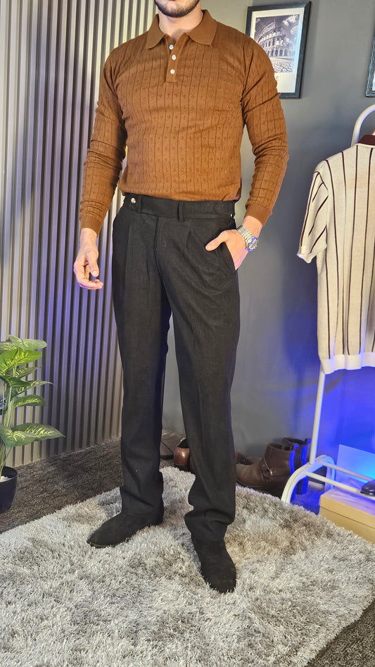Brown Wide Stripes Full Sleeves Knit Polo × Black Corduroy Oxford Gurkha Pant
