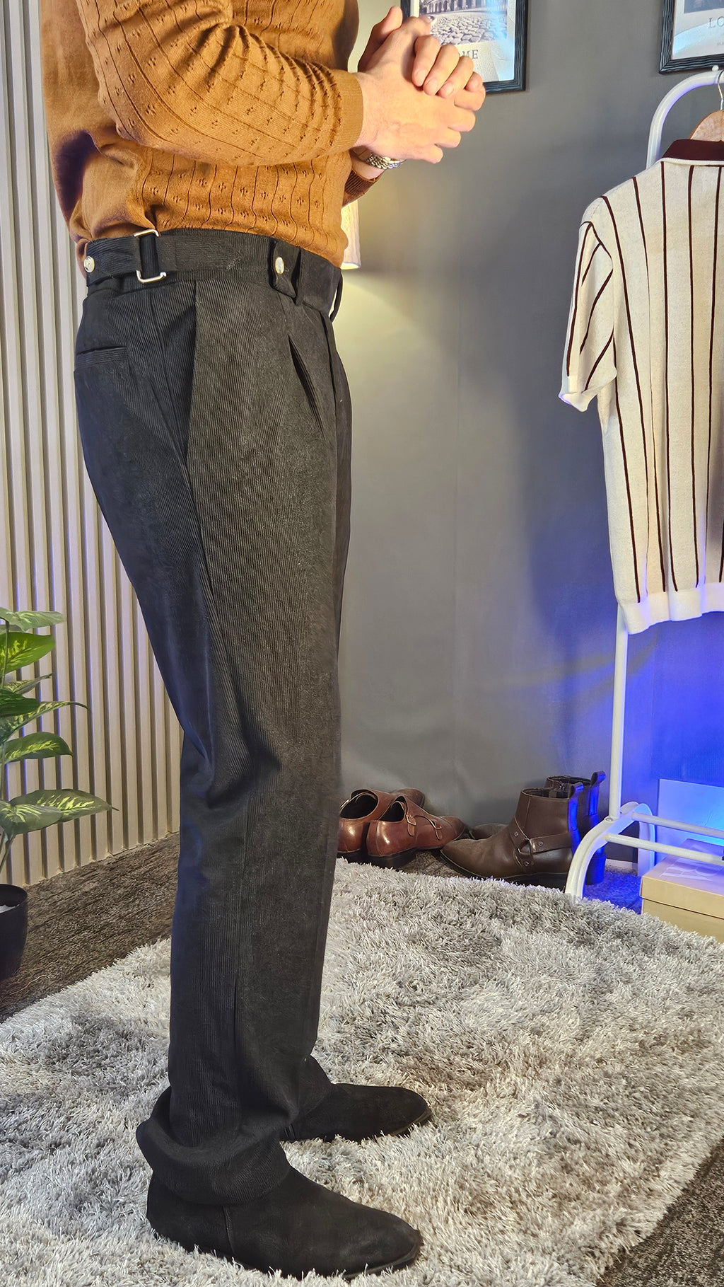 Brown Wide Stripes Full Sleeves Knit Polo × Black Corduroy Oxford Gurkha Pant
