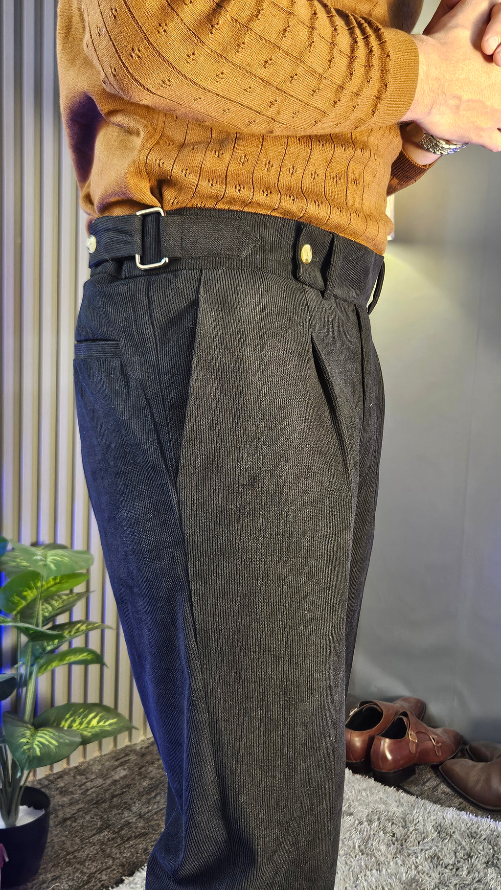 Brown Wide Stripes Full Sleeves Knit Polo × Black Corduroy Oxford Gurkha Pant