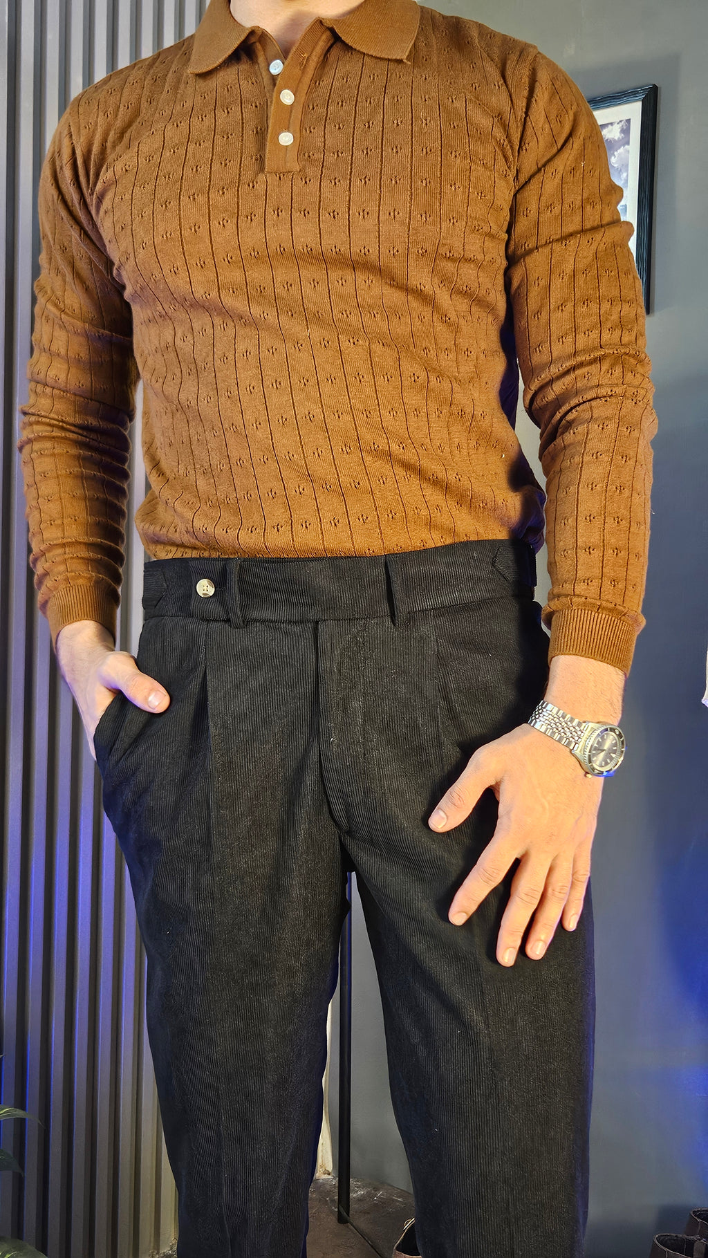 Brown Wide Stripes Full Sleeves Knit Polo × Black Corduroy Oxford Gurkha Pant