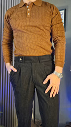 Brown Wide Stripes Full Sleeves Knit Polo × Black Corduroy Oxford Gurkha Pant