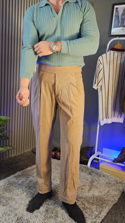 Camel Corduroy Classic Button Gurkha Pant × Sage Green Knit Full Sleeves Polo