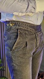 Anthracite Denim Classic Button Gurkha Pant × Navy Contrast Stripes Shirt