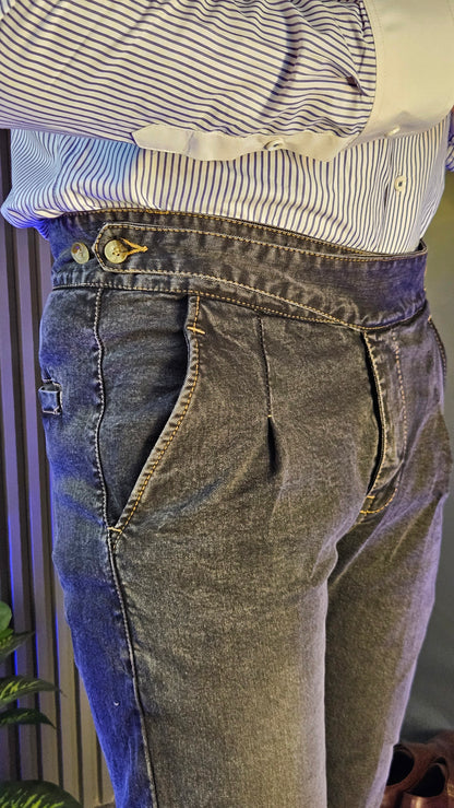 Anthracite Denim Classic Button Gurkha Pant × Navy Contrast Stripes Shirt