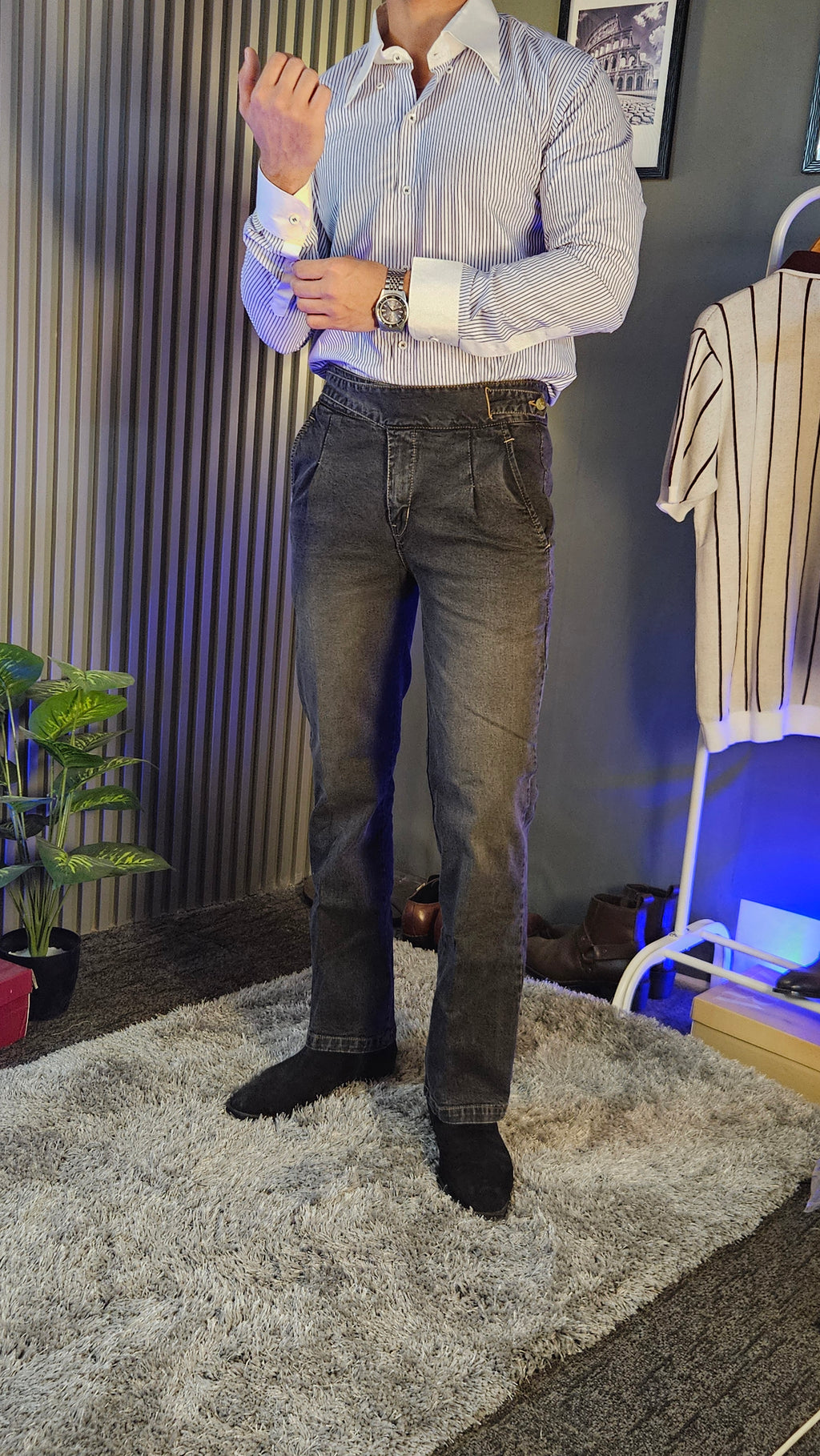 Anthracite Denim Classic Button Gurkha Pant × Navy Contrast Stripes Shirt