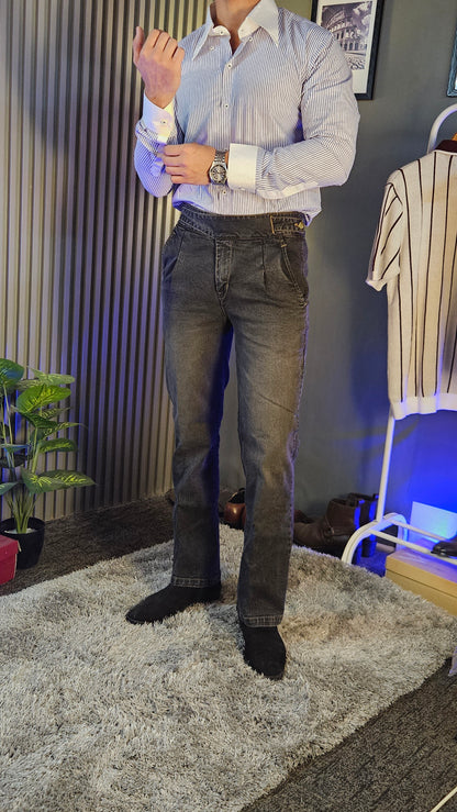 Anthracite Denim Classic Button Gurkha Pant × Navy Contrast Stripes Shirt