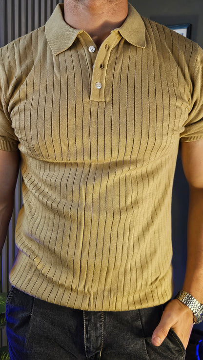 Anthracite Denim Classic Button Gurkha Pant × Beige Wide Stripes Half Sleeves Knit Polo