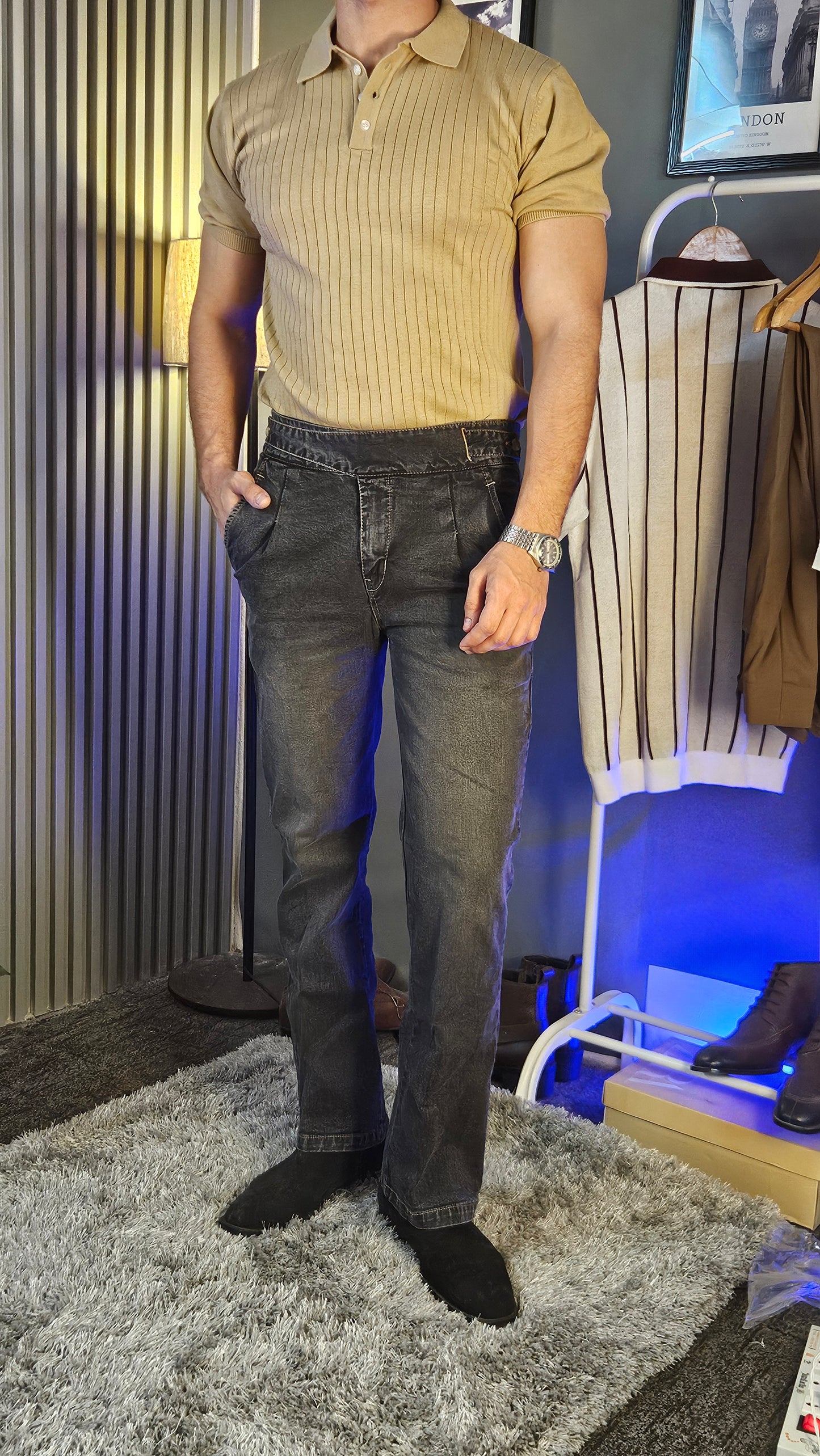 Anthracite Denim Classic Button Gurkha Pant × Beige Wide Stripes Half Sleeves Knit Polo