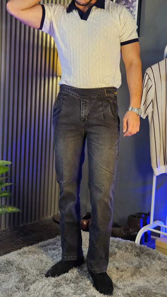 Anthracite Denim Classic Button Gurkha Pant × White Diamond Cable Half Sleeves Knit Polo