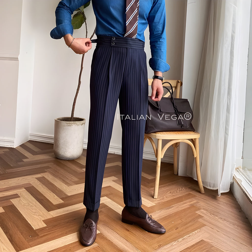 Navy Striped Signature Buttoned Gurkha Pants by Italian Vega® (Special Edition)